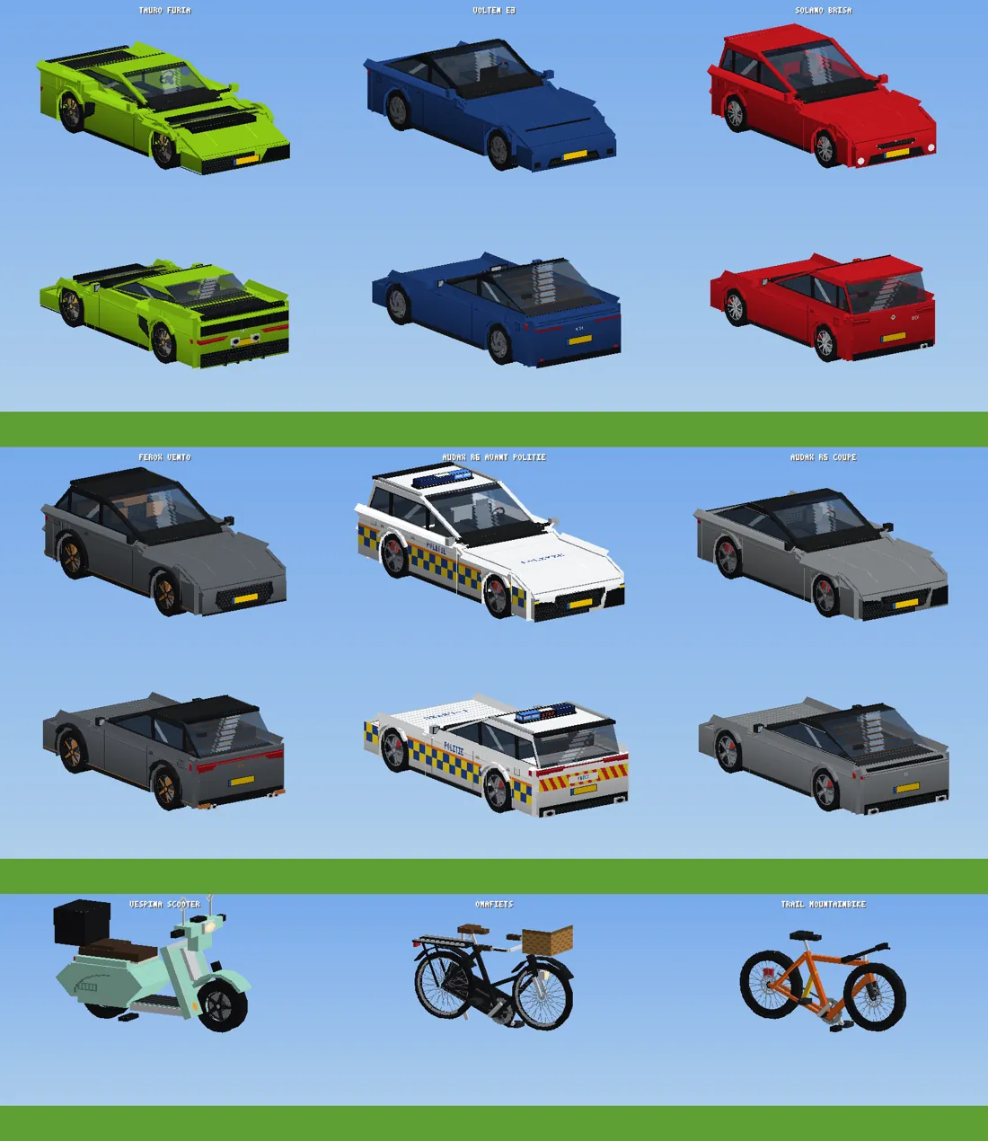 The 3D cars: sports cars, police and scooters